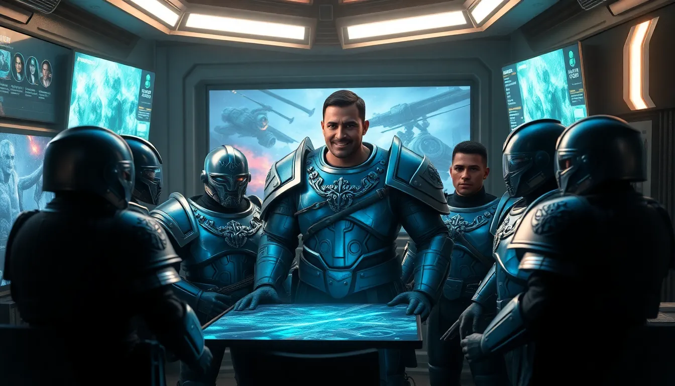 Grey Knights strategizing in a futuristic war room against daemonic forces.