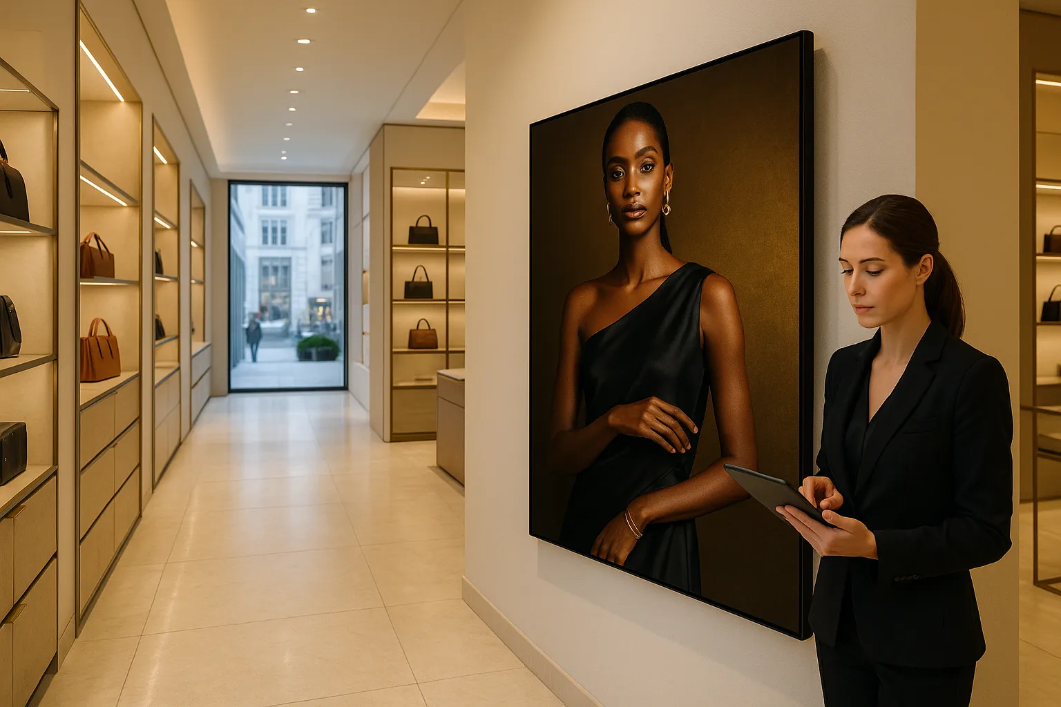 Digital signage display inside a luxury Fifth Avenue boutique with elegant decor.