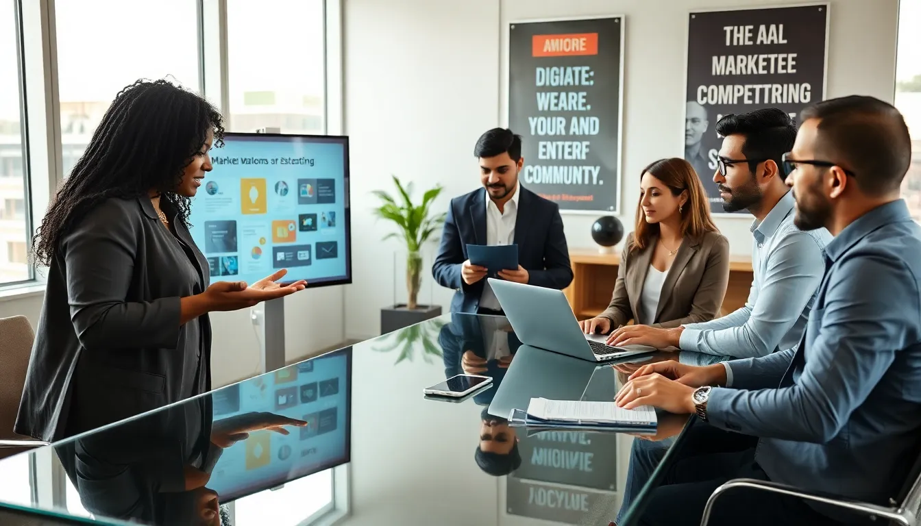 diverse team discussing digital marketing strategies in a modern office.