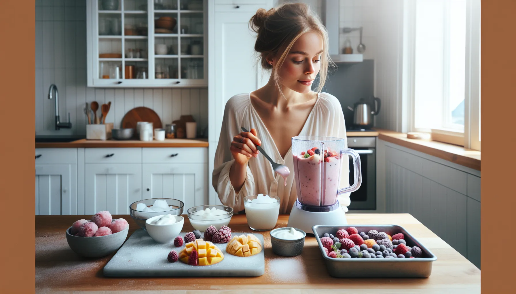 Woman in norwegian kitchen making creamy berry ice cream without added sugar.