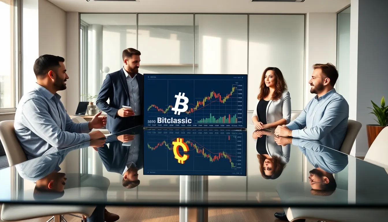 diverse team discussing cryptocurrency in a modern office.