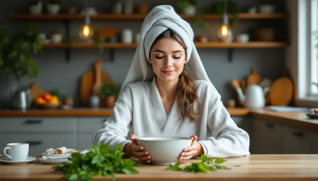 Woman inhaling steam from a bowl with herbs and essential oils at night.