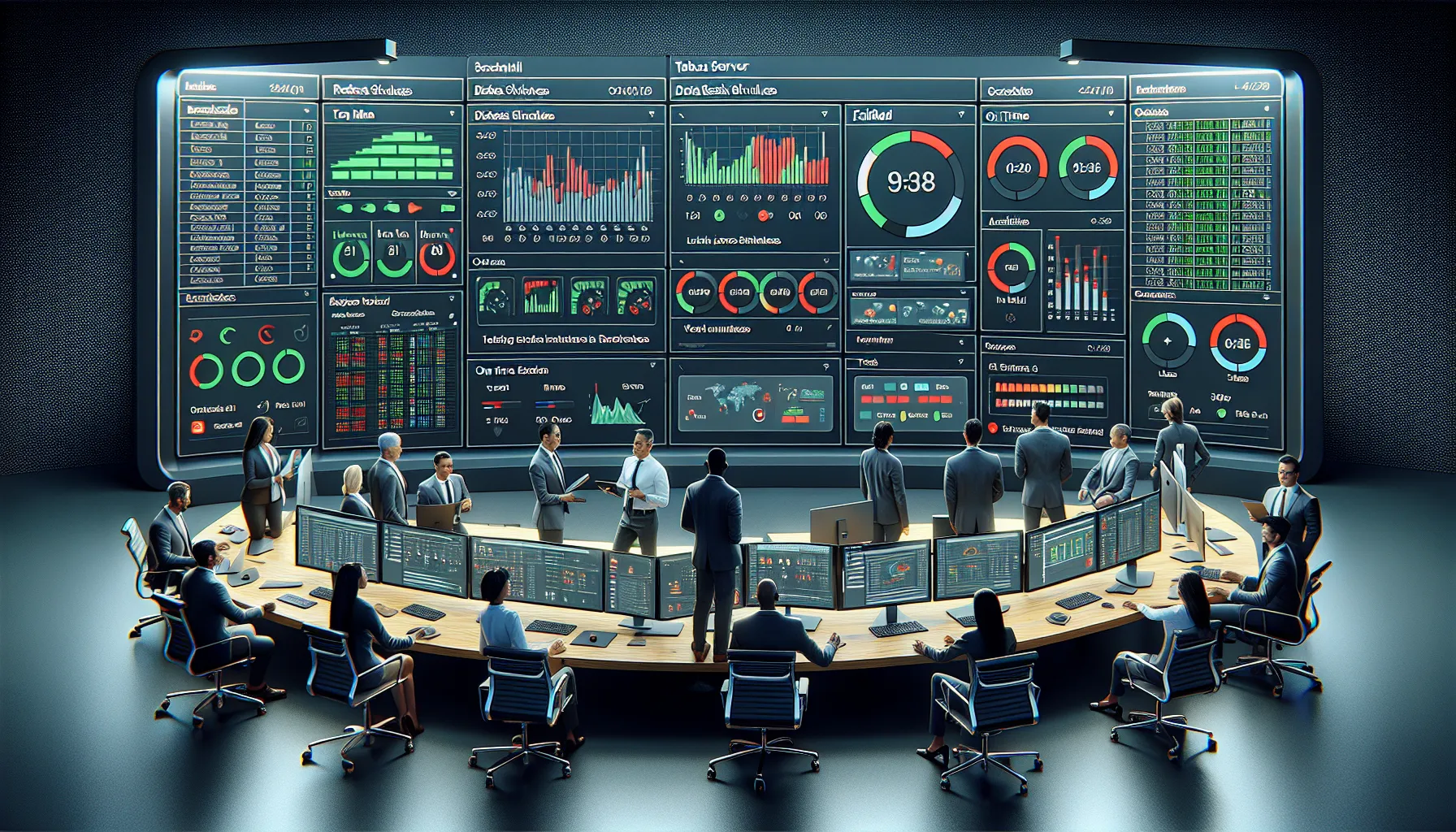 Data team monitoring Tableau refresh schedules and alerts on dashboards in a modern office.