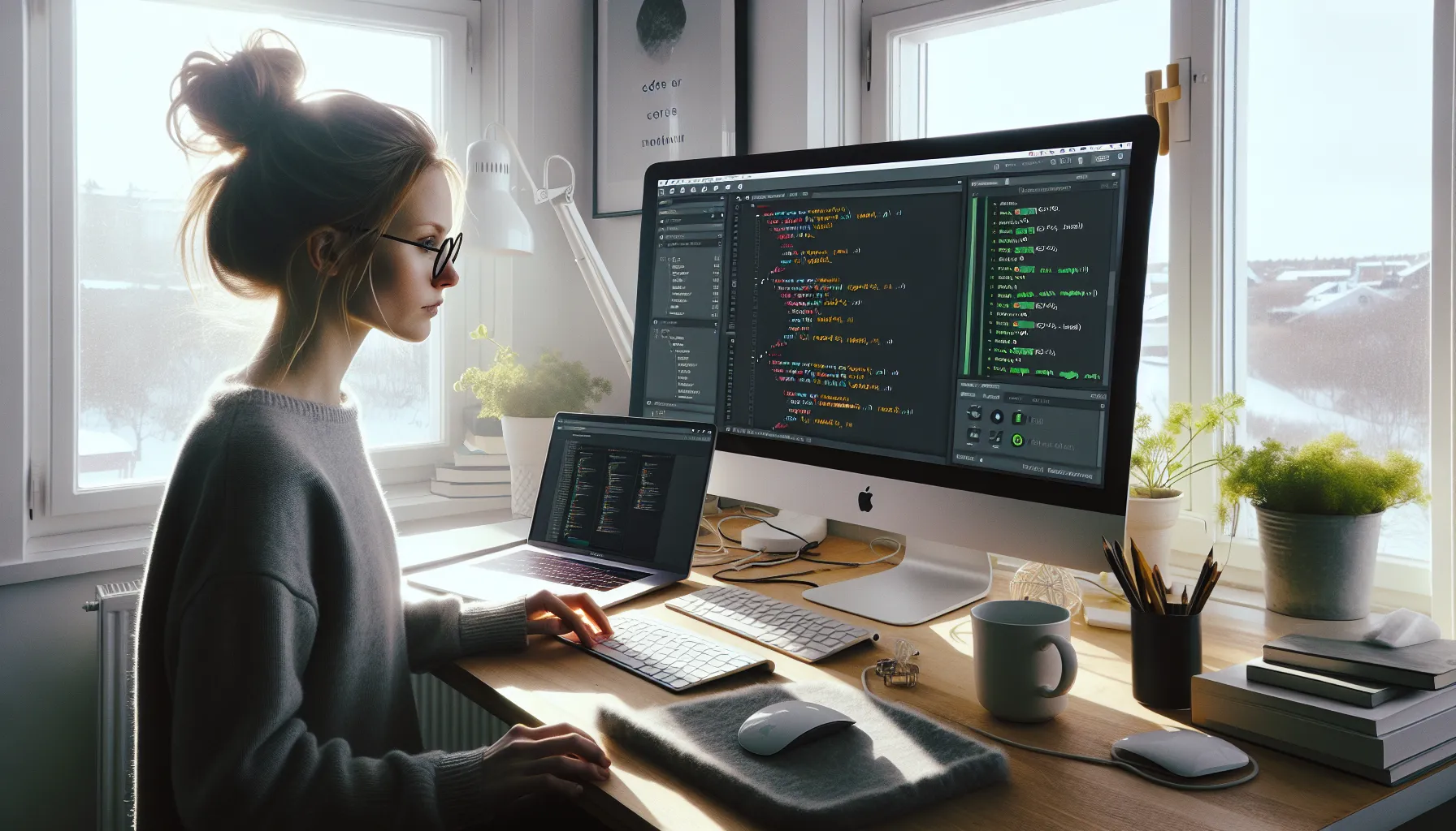 Norwegian developer testing a responsive wordpress theme across monitor, laptop, phone, tablet.