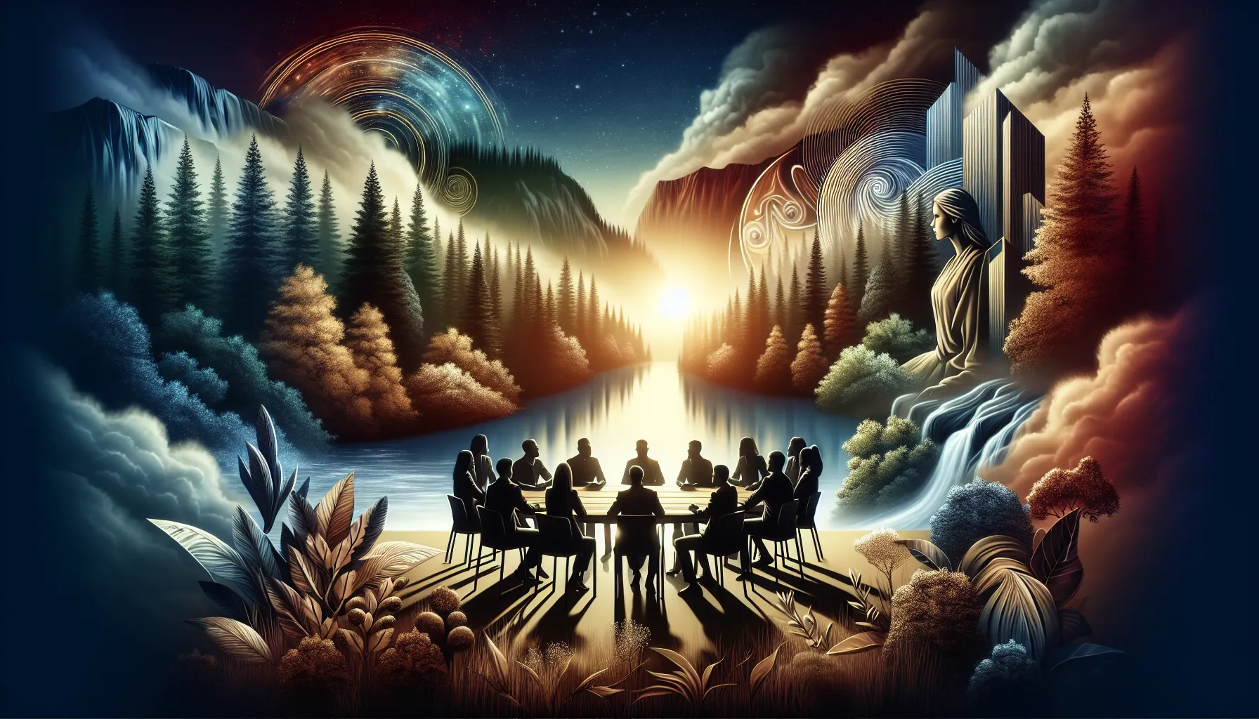 Diverse professionals discussing cultural interpretations of ашмук in nature-inspired setting.