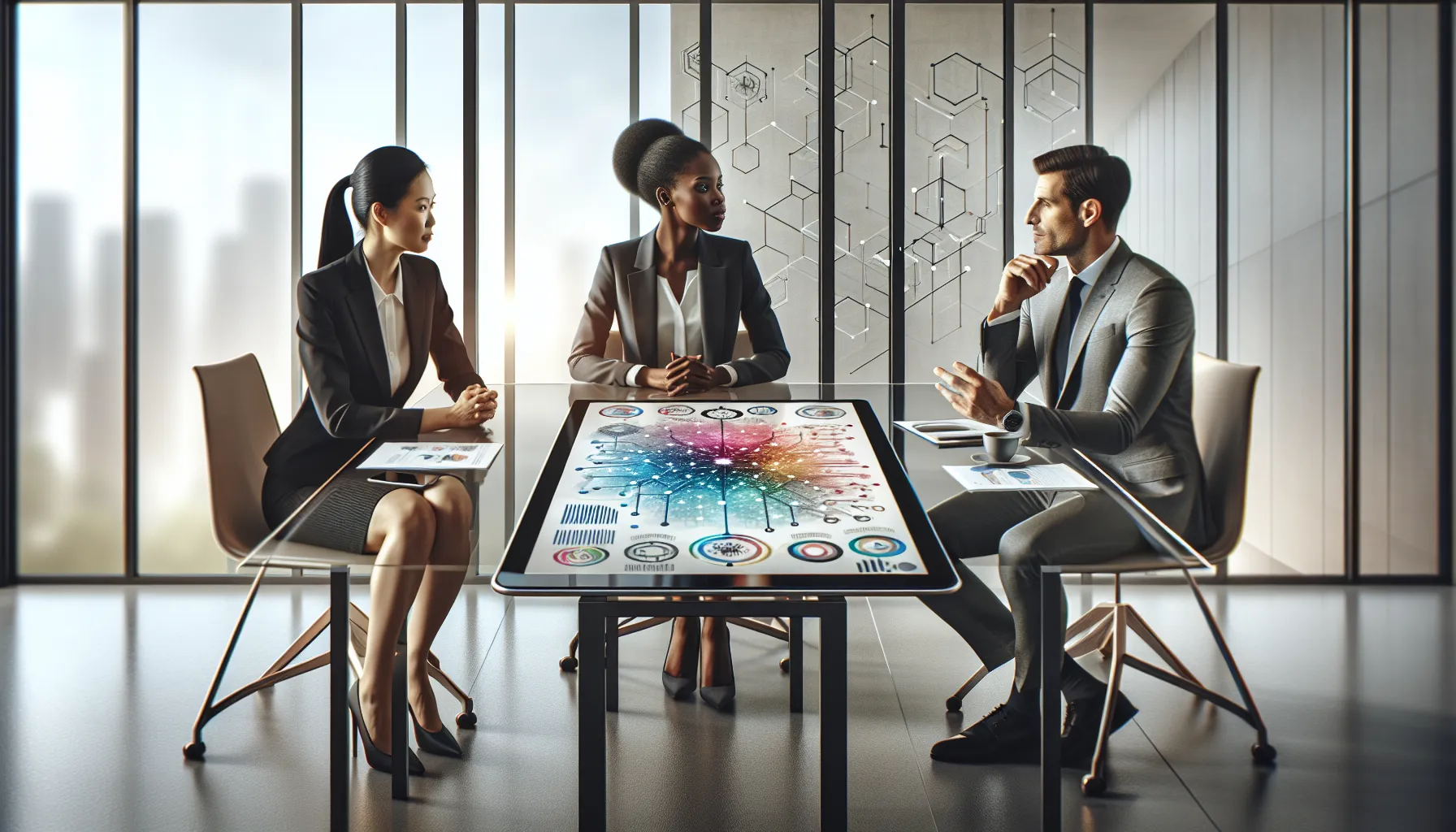 diverse professionals discussing concepts in a modern conference room.