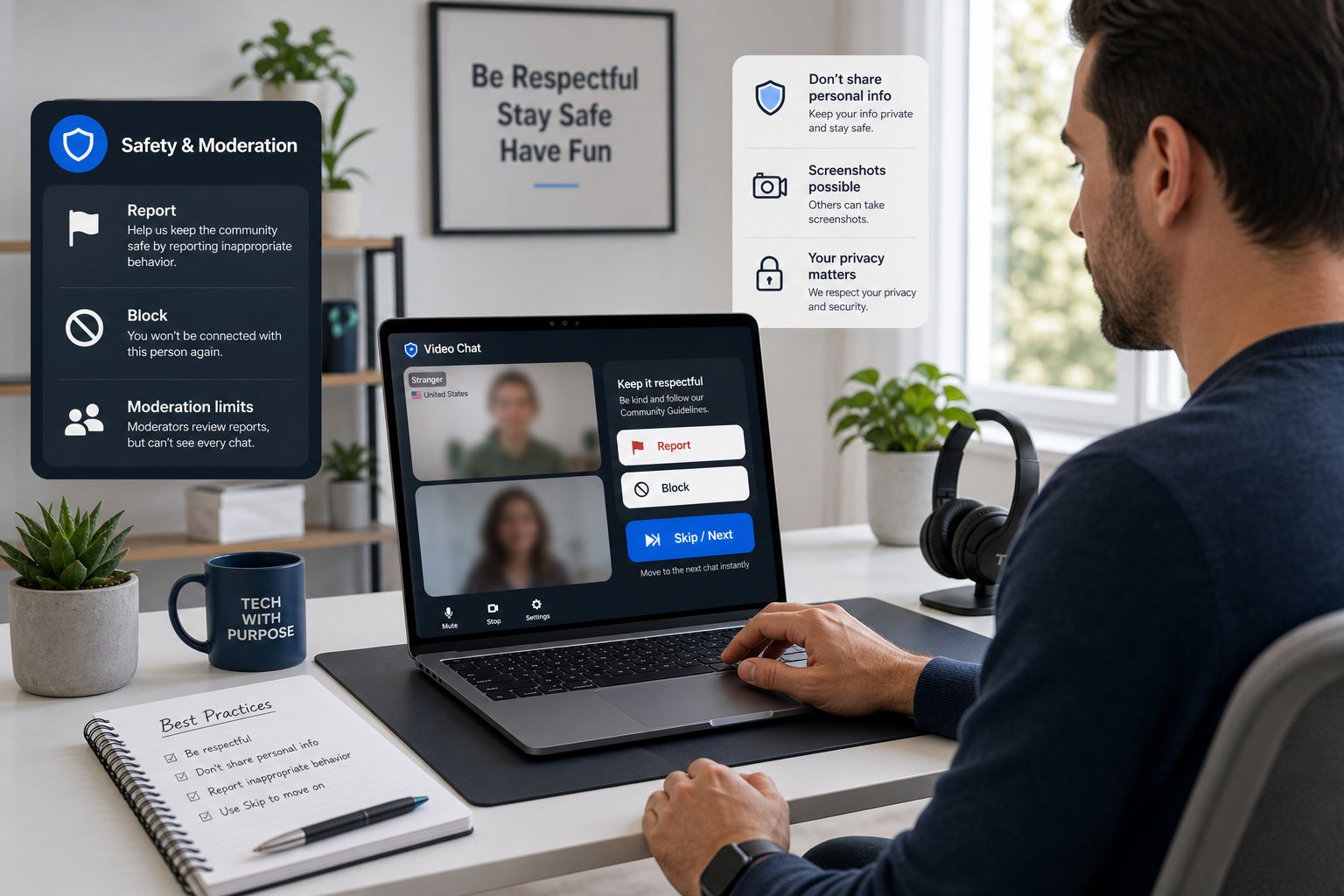 Reviewer at laptop showing video chat with report, block, and skip controls.