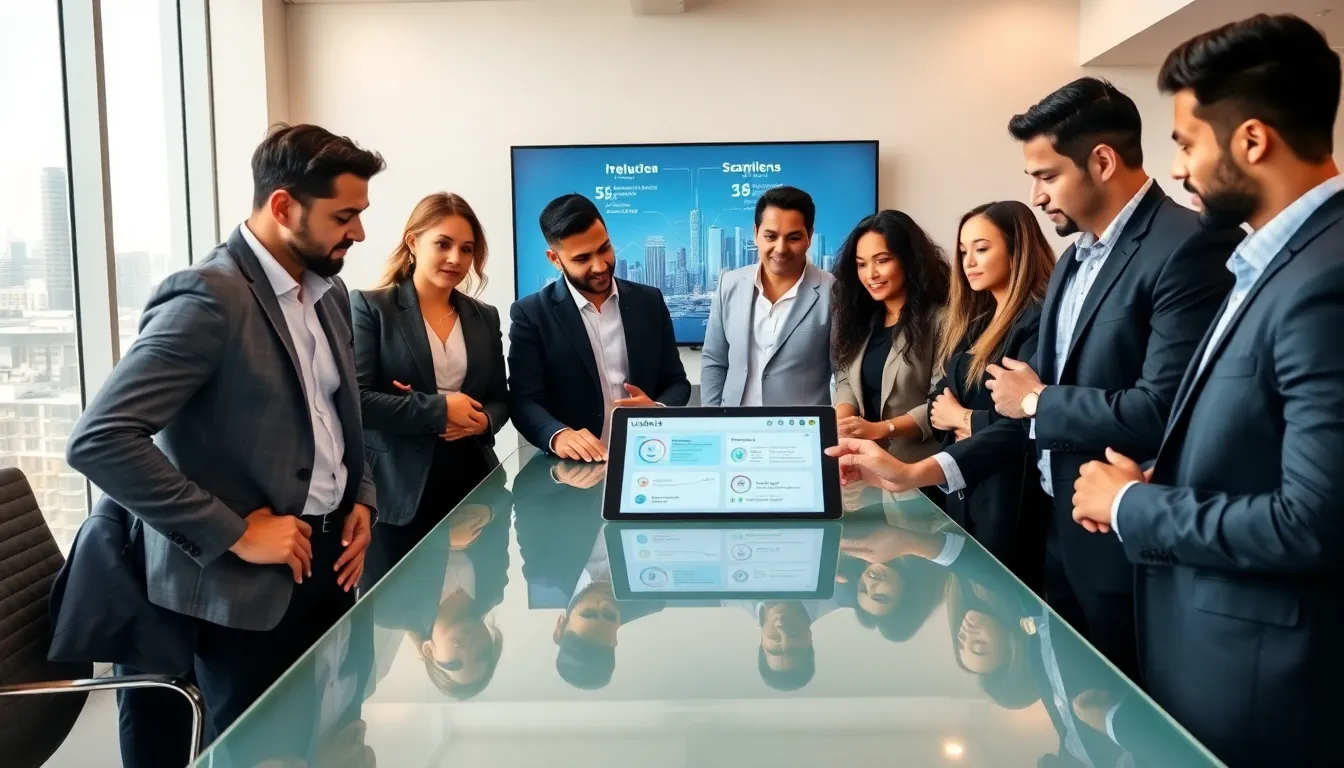 diverse professionals discussing Ublinz13 software in a modern office.