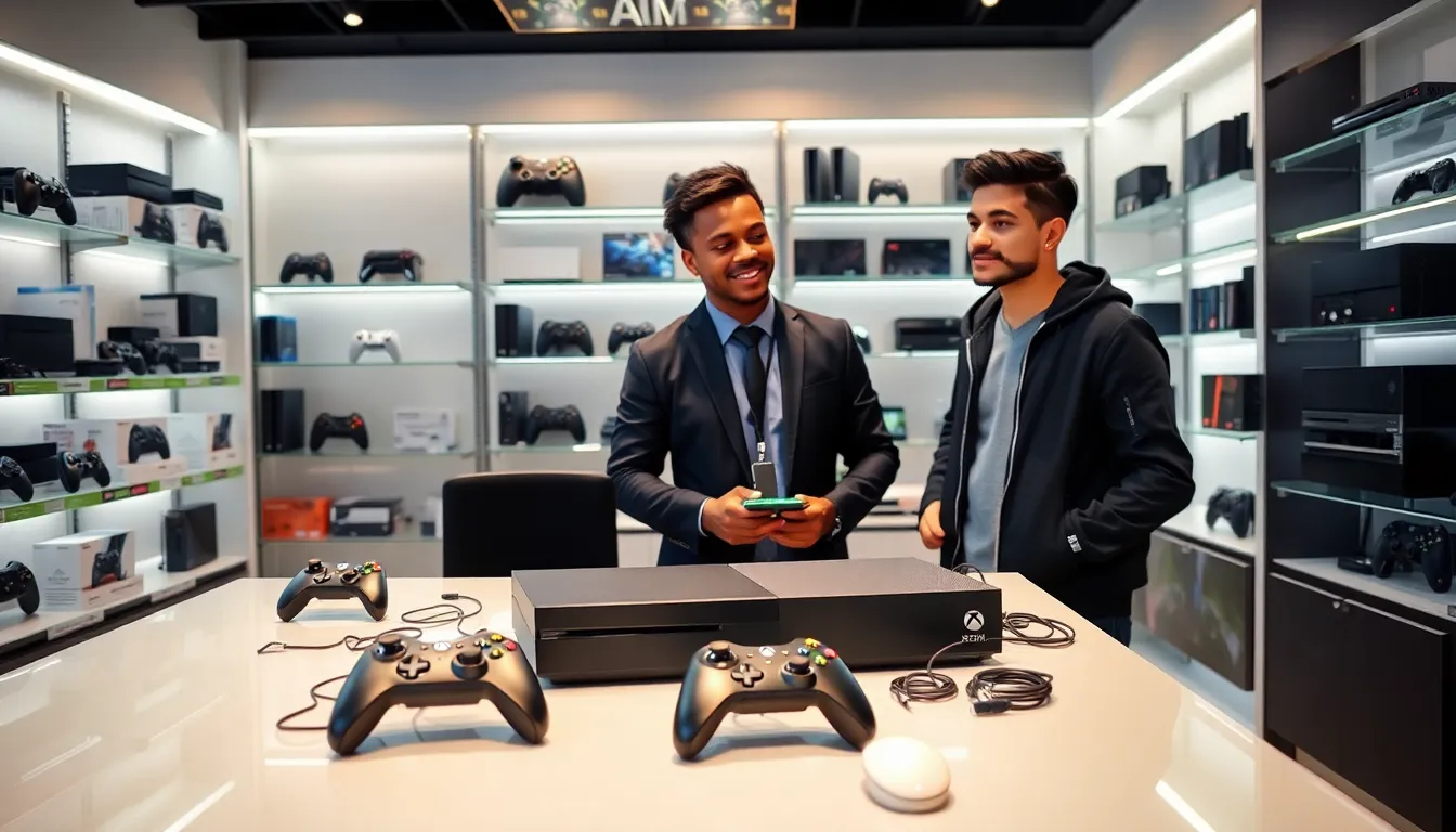 Customer trading in an Xbox One X at a modern gaming store.