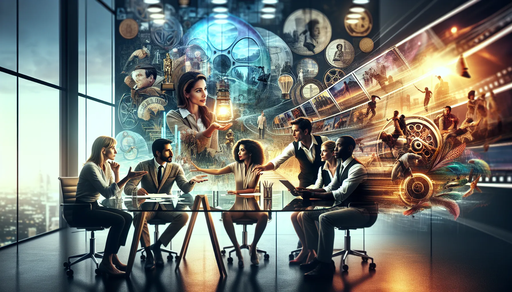 diverse team discussing 90s adventure movies in a modern office setting.