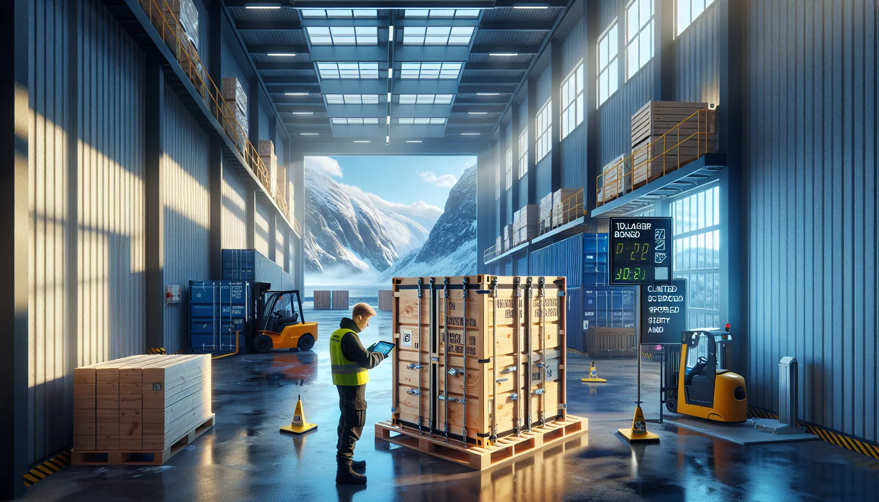 Worker scans sealed storage container in secure Norwegian warehouse with bonded zone.