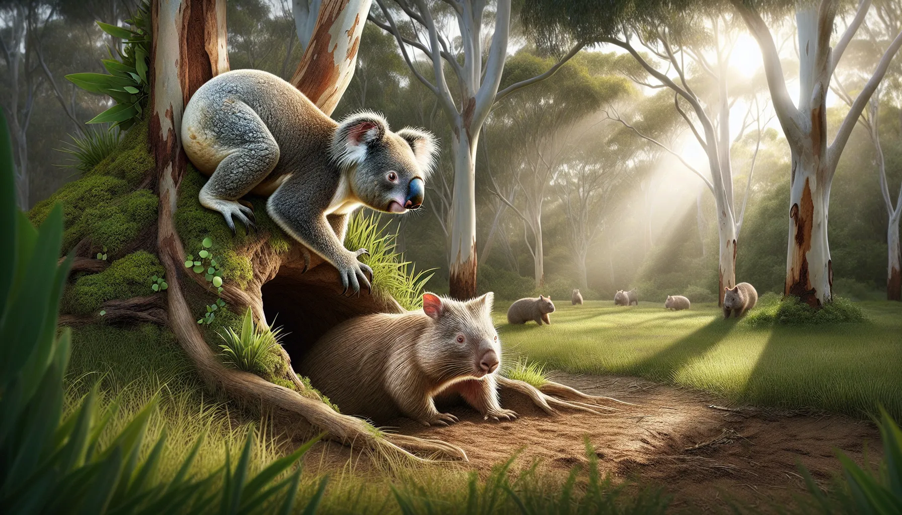 A koala in a tree and a wombat near a burrow in natural surroundings.