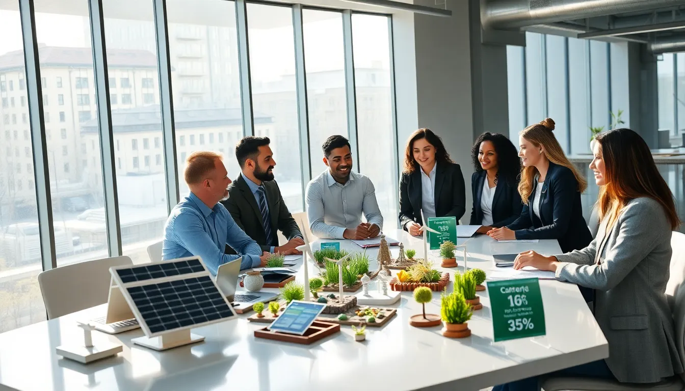diverse team collaborating on green technology innovations in a modern office.