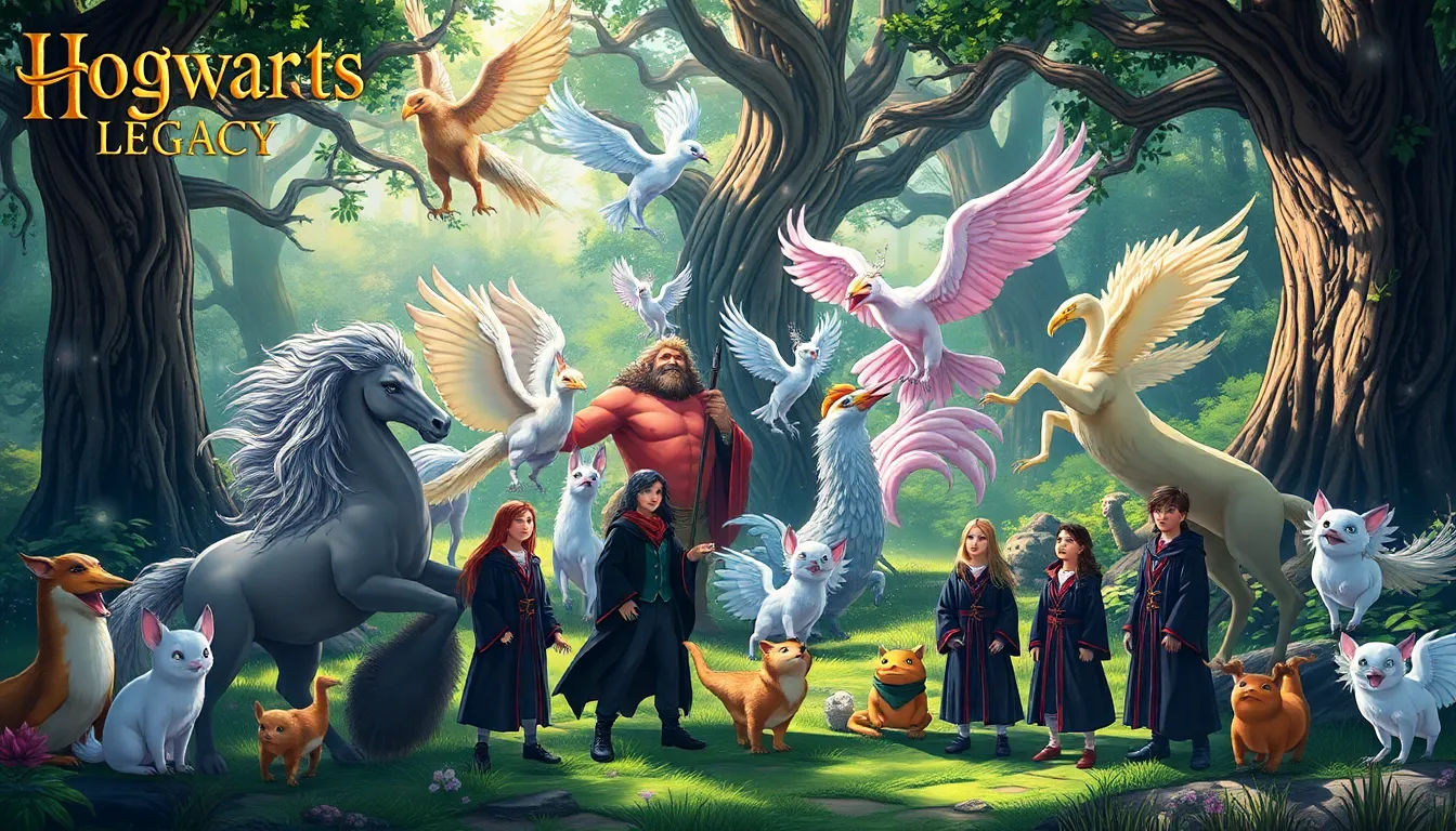 diverse magical creatures in an enchanted forest setting.