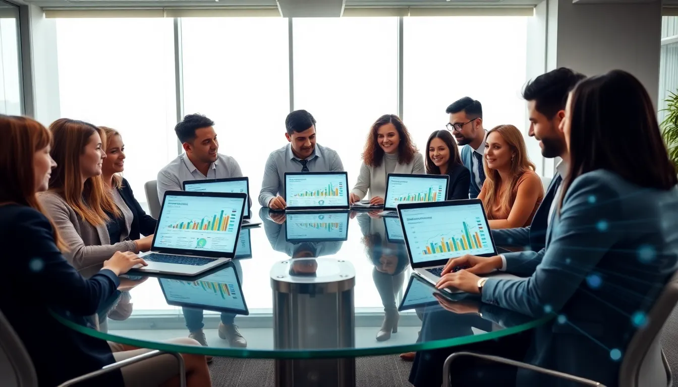 diverse team discussing social media management in a modern office.