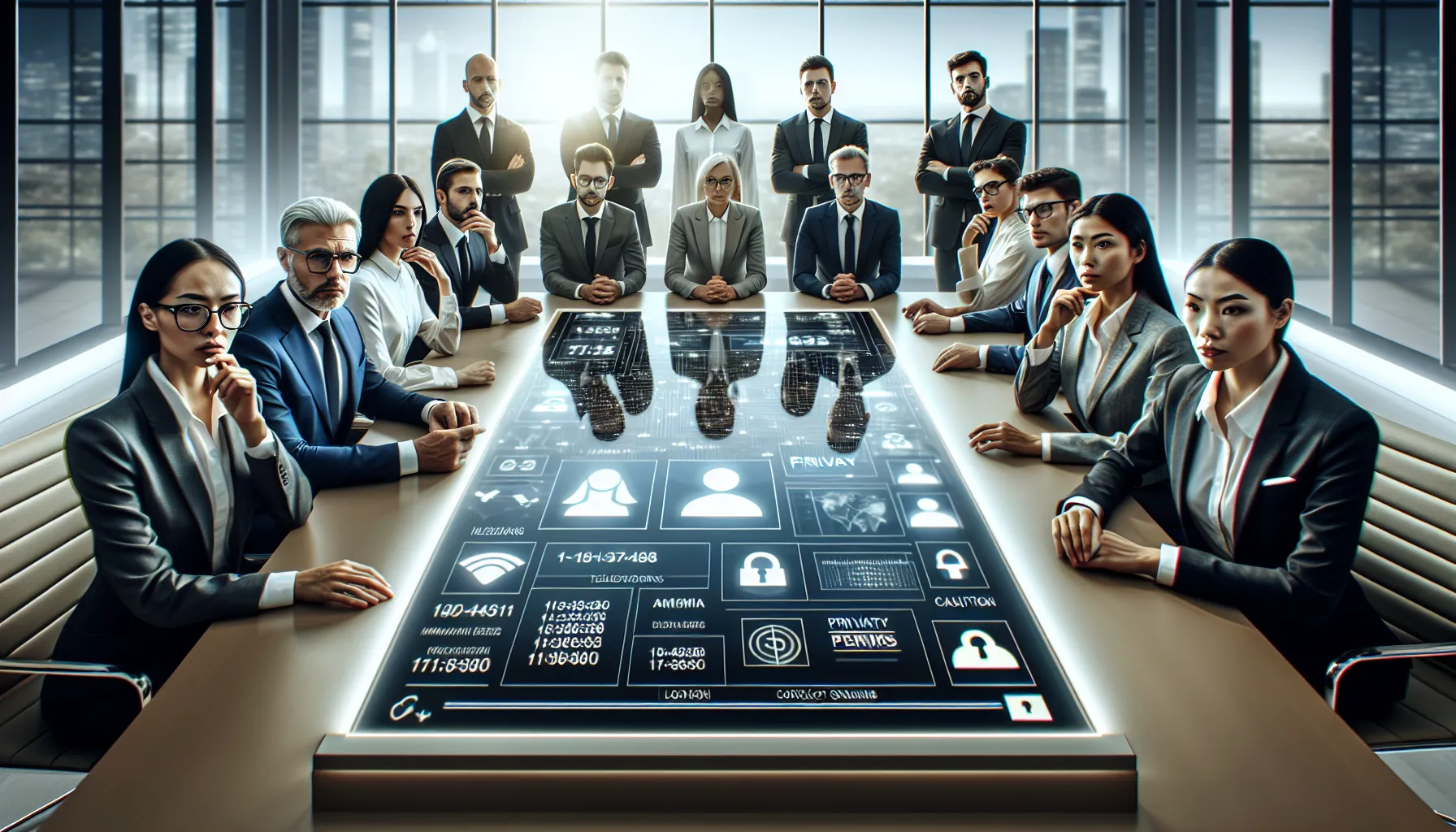 Professionals discussing privacy risks in a modern office.