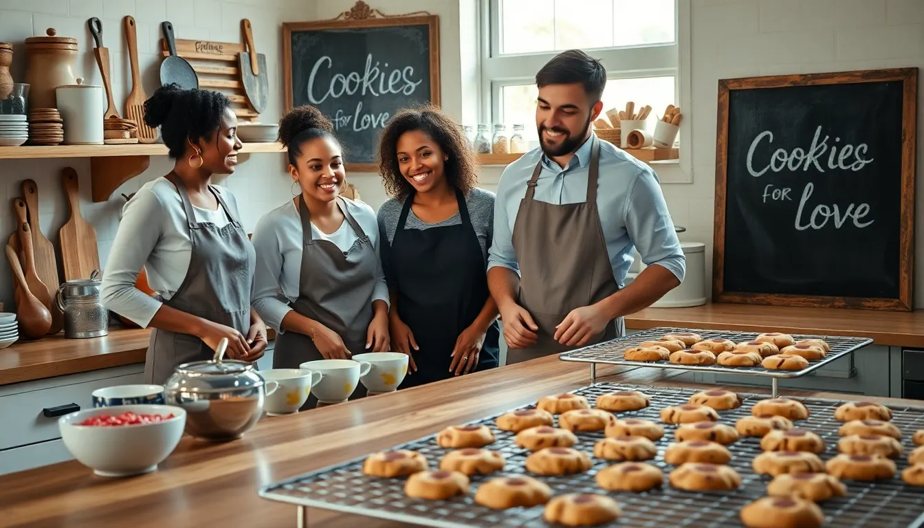 bakers collaborating in a cozy kitchen making cookies.