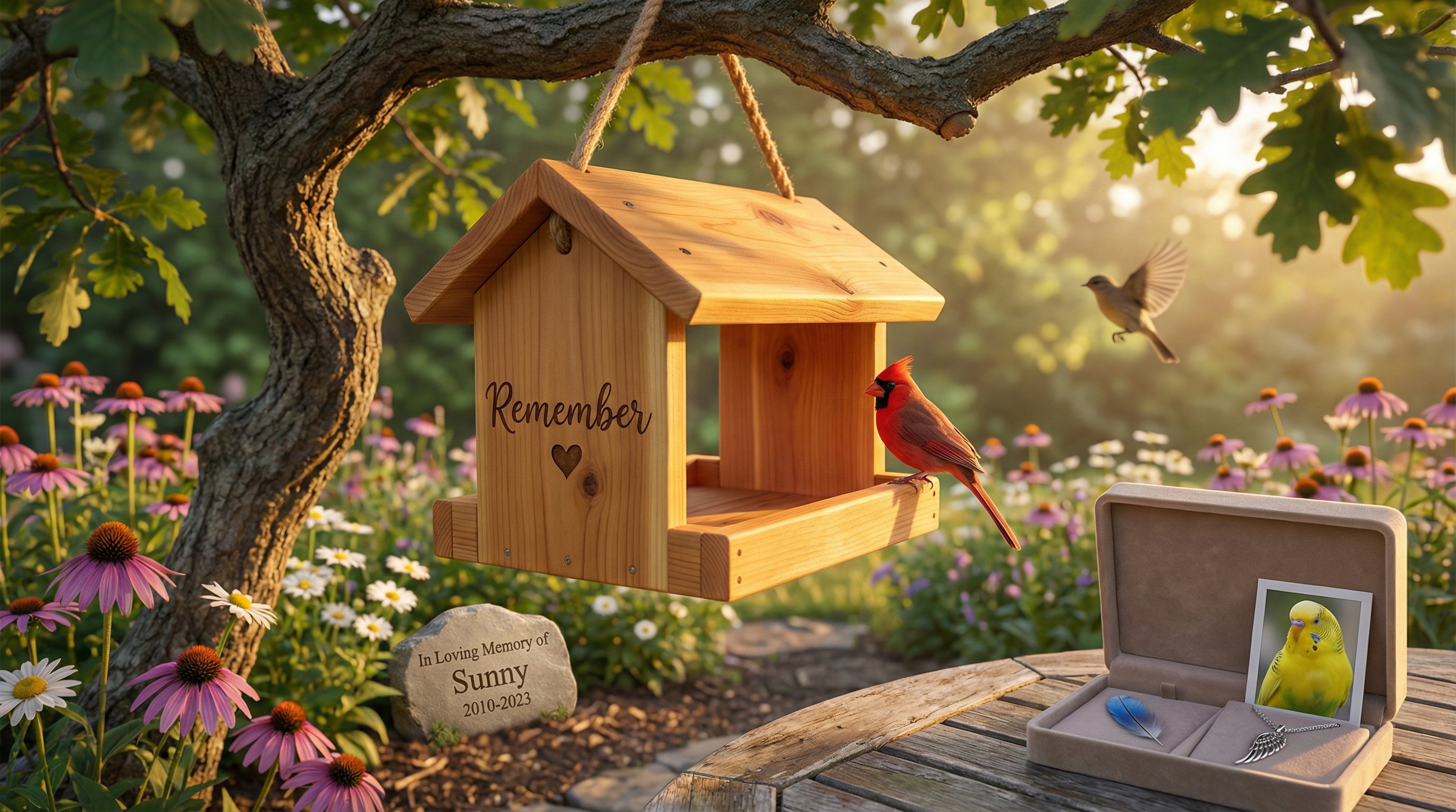 Cedar bird feeder with memorial engraving and a cardinal perched in a sunlit garden.
