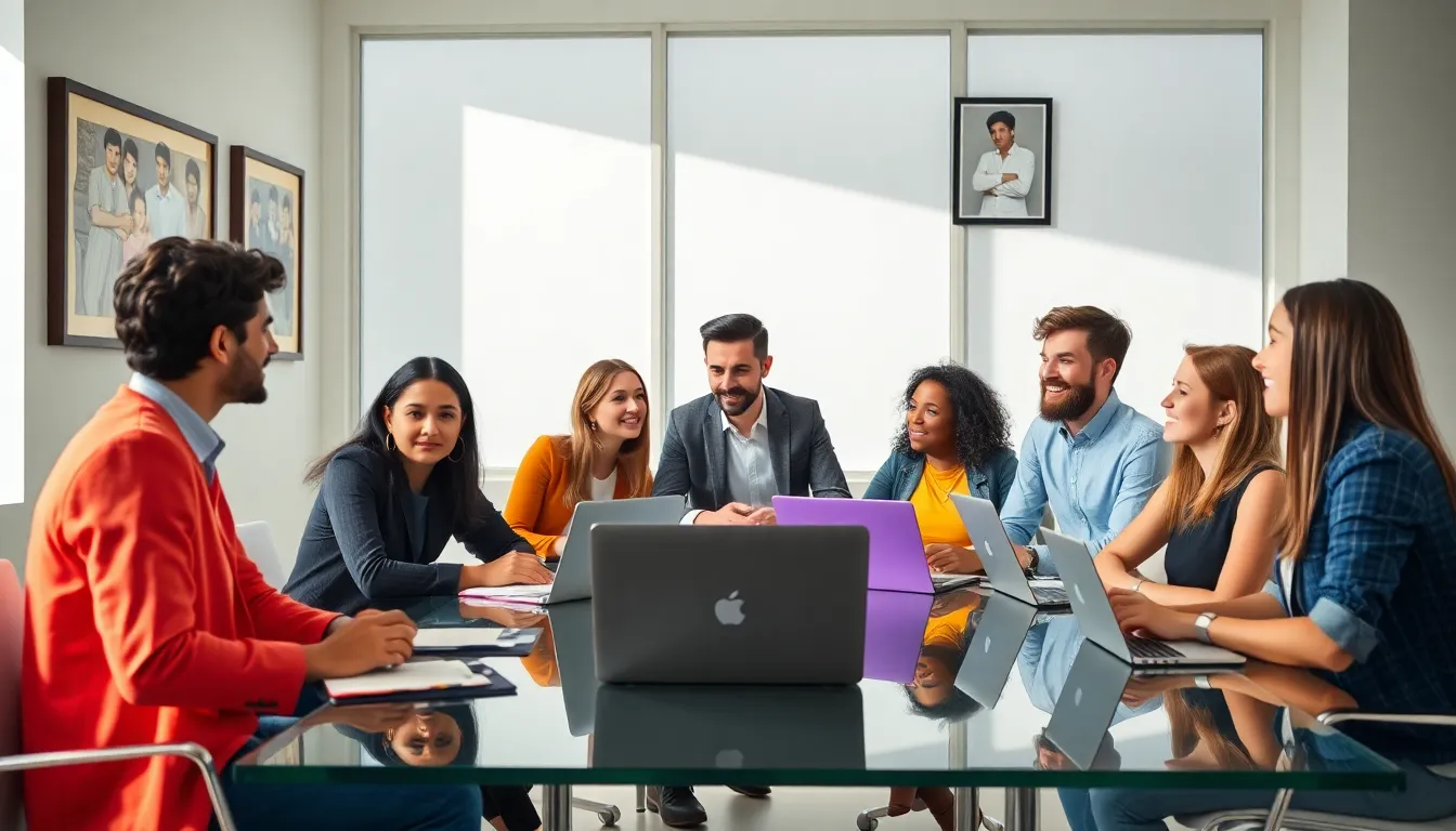 diverse team discussing pop culture in a modern office.