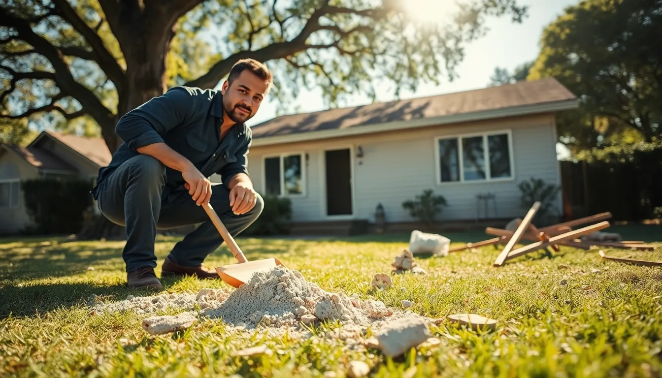 a contractor cleaning dust and debris from a residential yard after renovations.