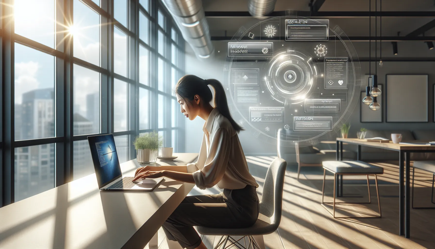person installing software on a laptop in a modern office.