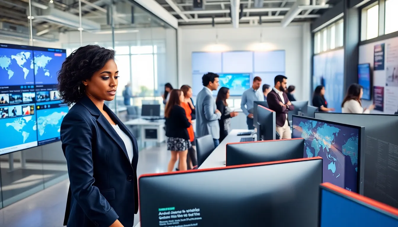 diverse professionals collaborating in a modern digital newsroom.
