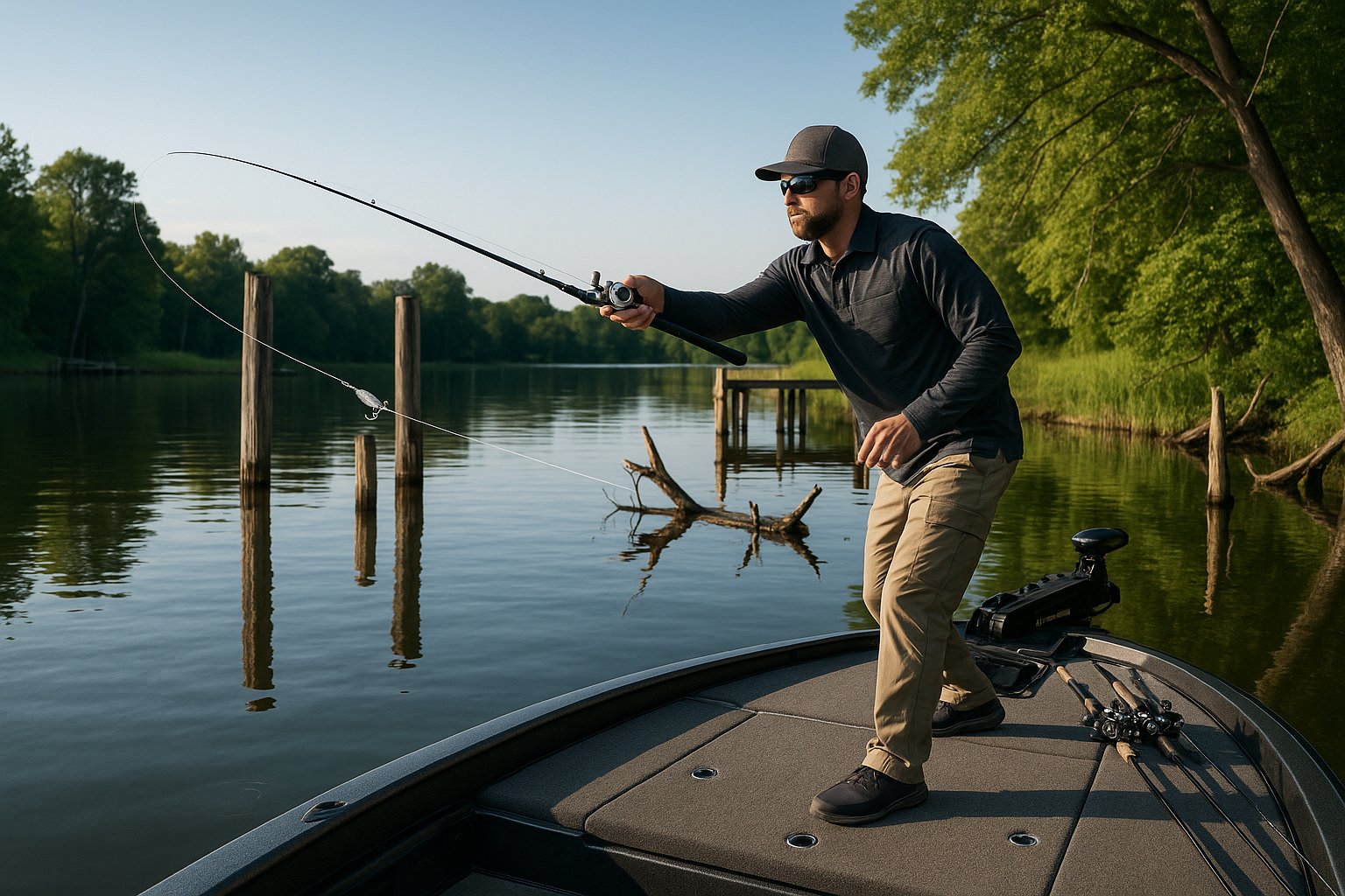 Angler making a precise baitcaster cast near dock cover.