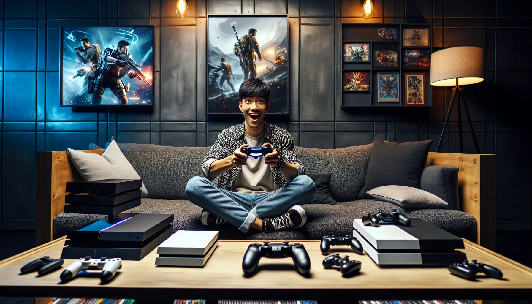 A gamer comparing Xbox and PS5 interfaces in a cozy living room.