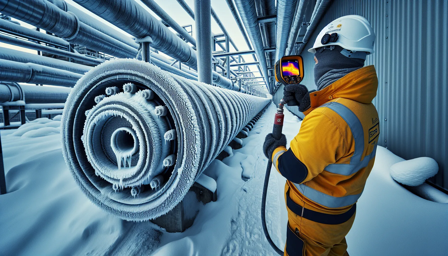 Technician inspects insulated outdoor pipe with thermal camera on a snowy norwegian site.