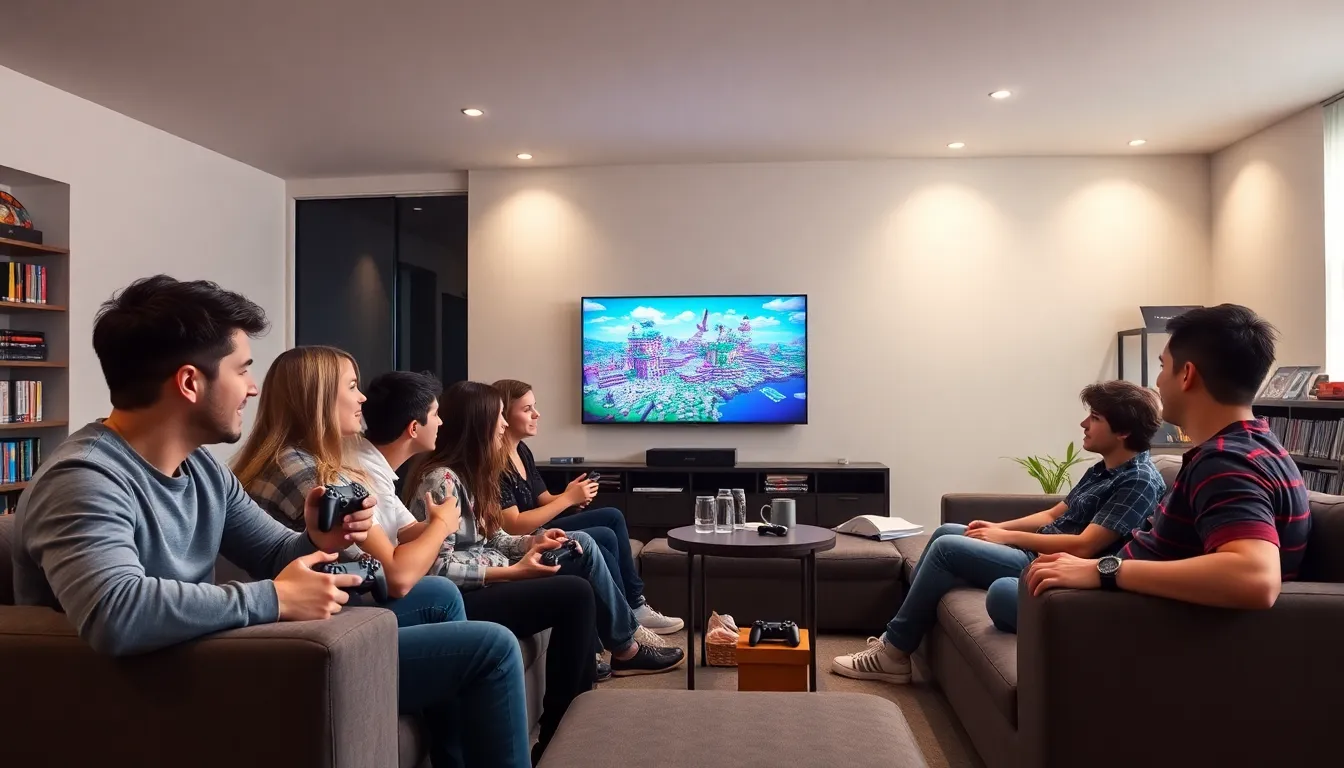 group of players enjoying Minecraft on PlayStation 4 in a modern living room.