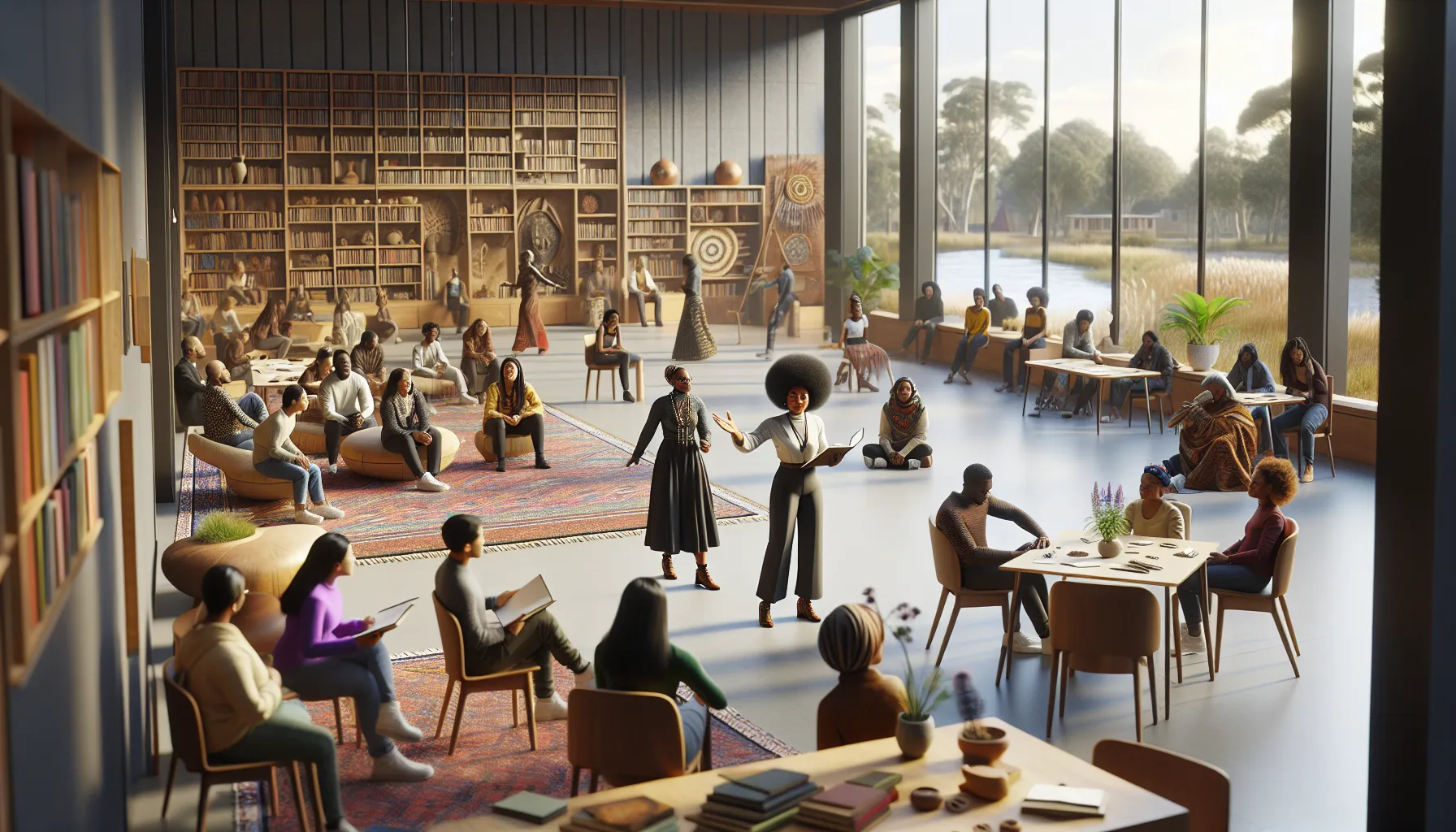 diverse group exploring the roots of Philmi Jila in a cultural center.