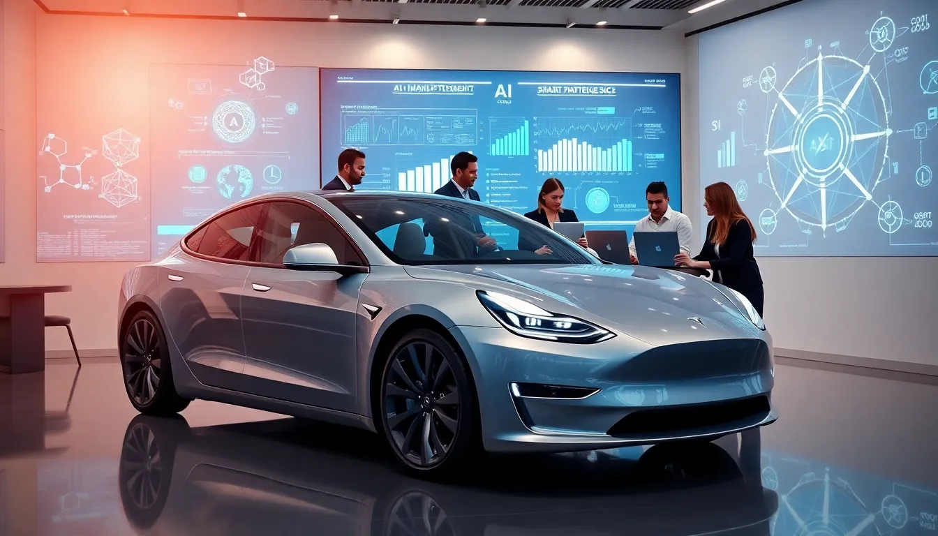 diverse team discussing Tesla's AI initiatives in a modern office.