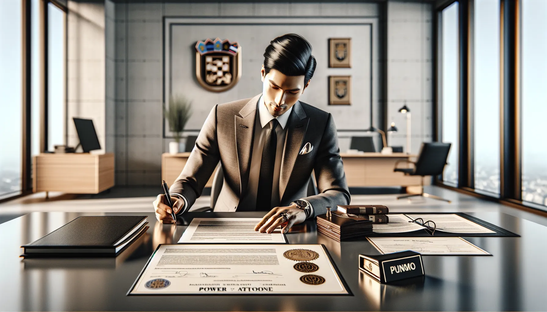 Croatian professional reviewing power of attorney documents at modern office desk