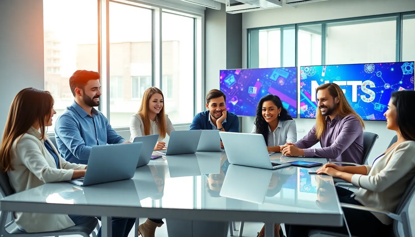 diverse professionals discussing NFTs in a modern office.