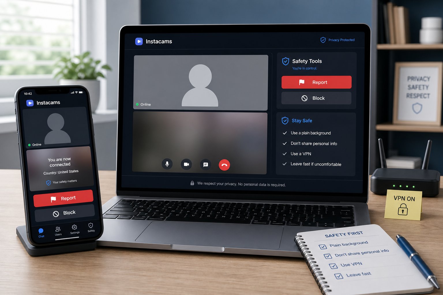 Anonymized video chat UI showing report and block buttons and privacy checklist.
