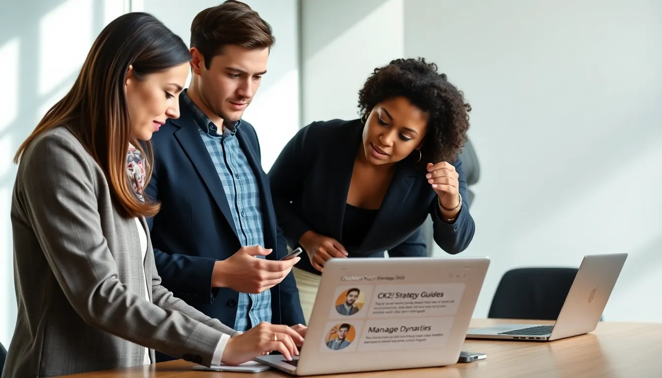 diverse group discussing a strategy guide in a modern workspace.
