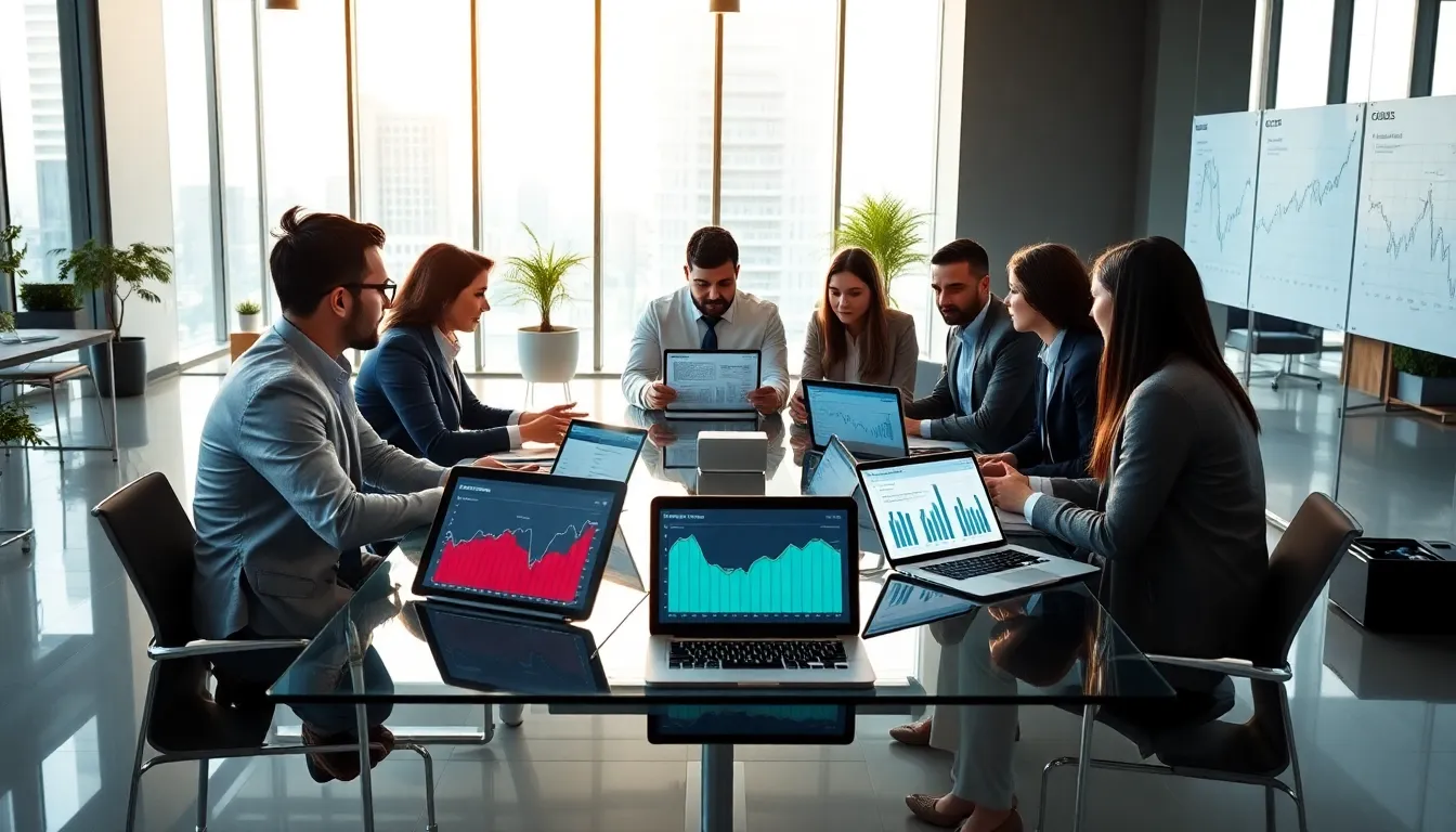 diverse team analyzing economic indicators in a modern office.