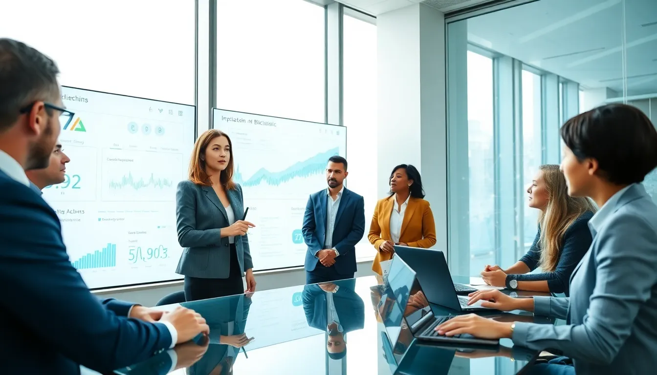 professionals discussing Blockchain Bitclassic in a modern office.