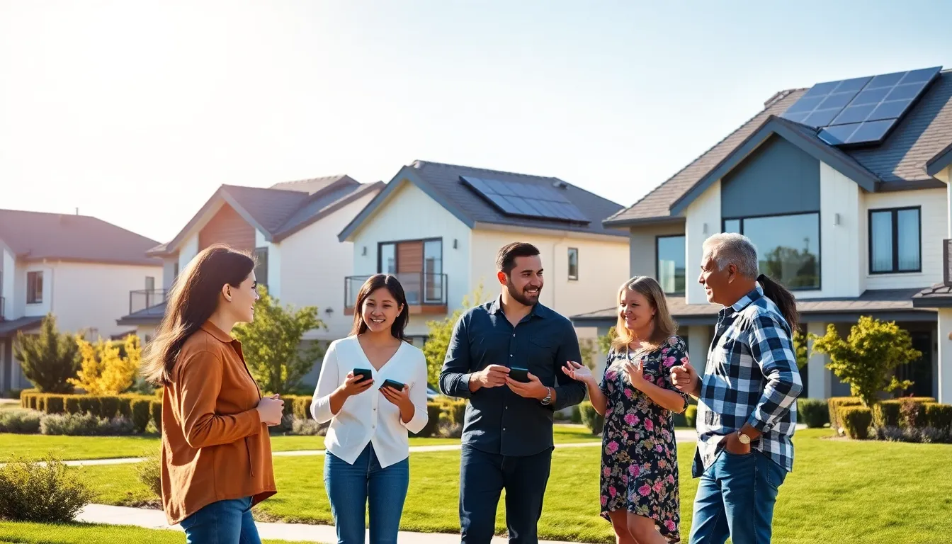 diverse homeowners discussing smart energy-efficient features in a California neighborhood.