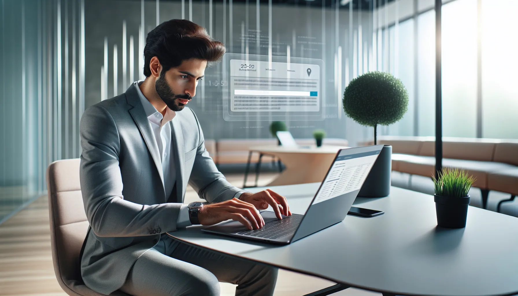 person using a laptop to verify a phone number in a modern office.