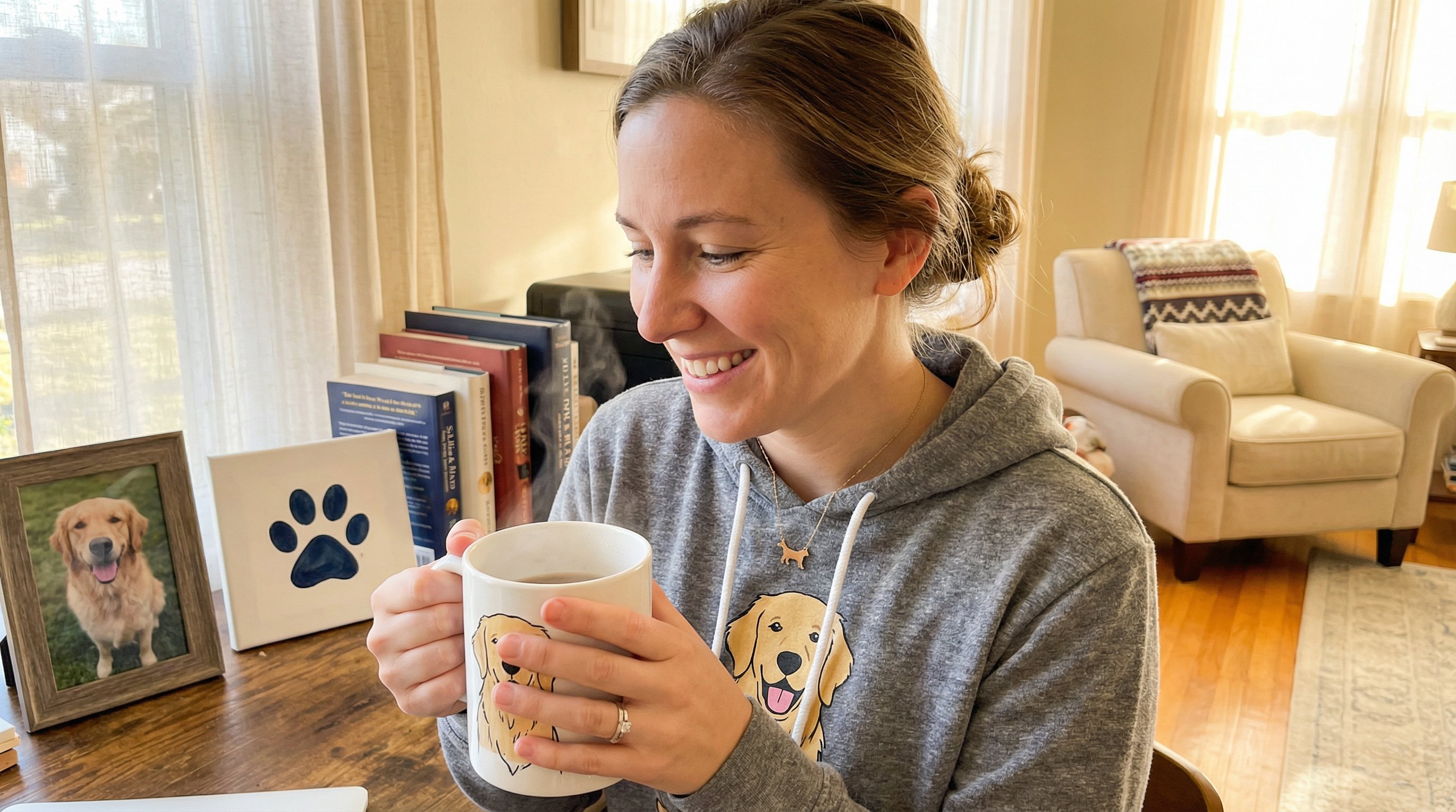 Woman wearing custom dog hoodie and pendant, holding a personalized dog mug at her desk.