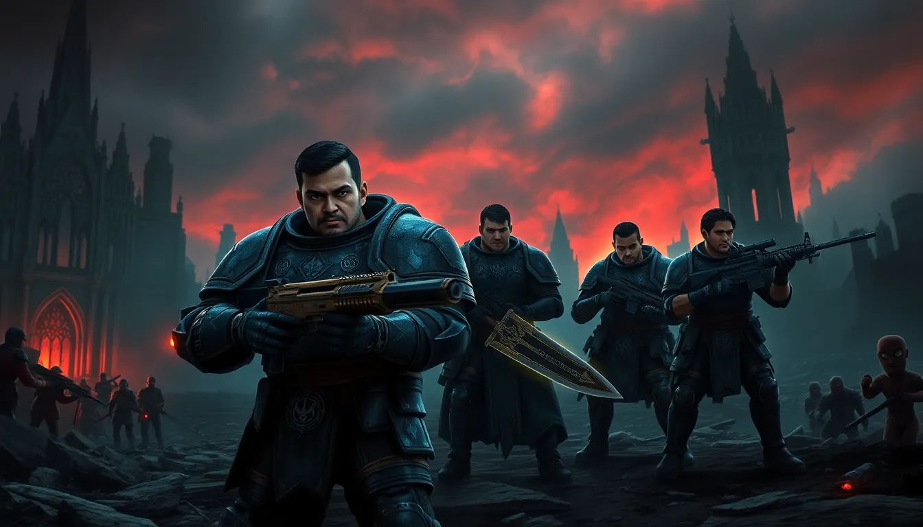 a squad of Daemonhunters prepares for battle in a dark futuristic landscape.