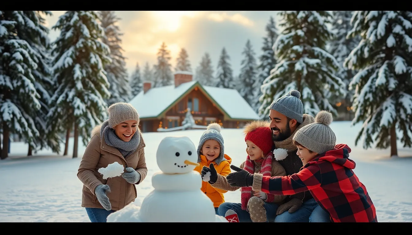 family enjoying winter activities in a snowy park during December.
