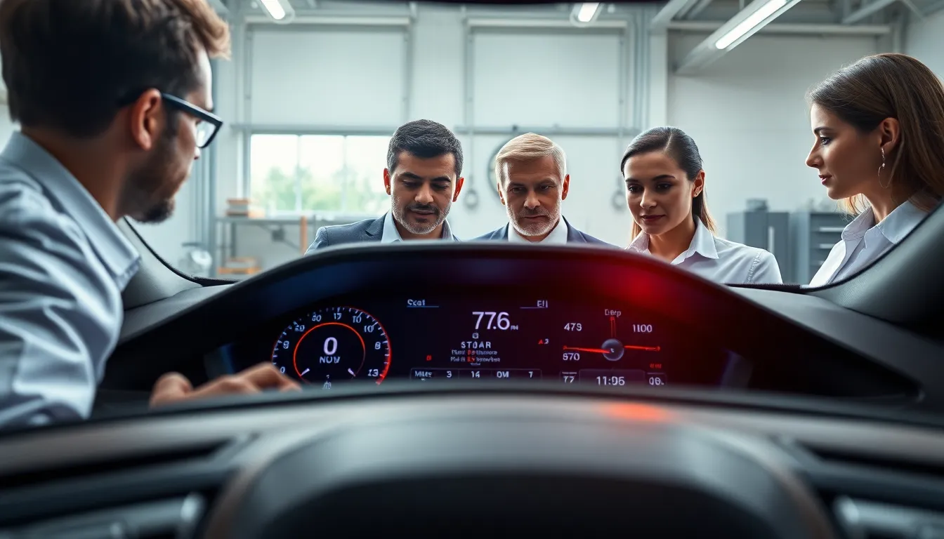 engineers analyzing a car's traction control system in a workshop.