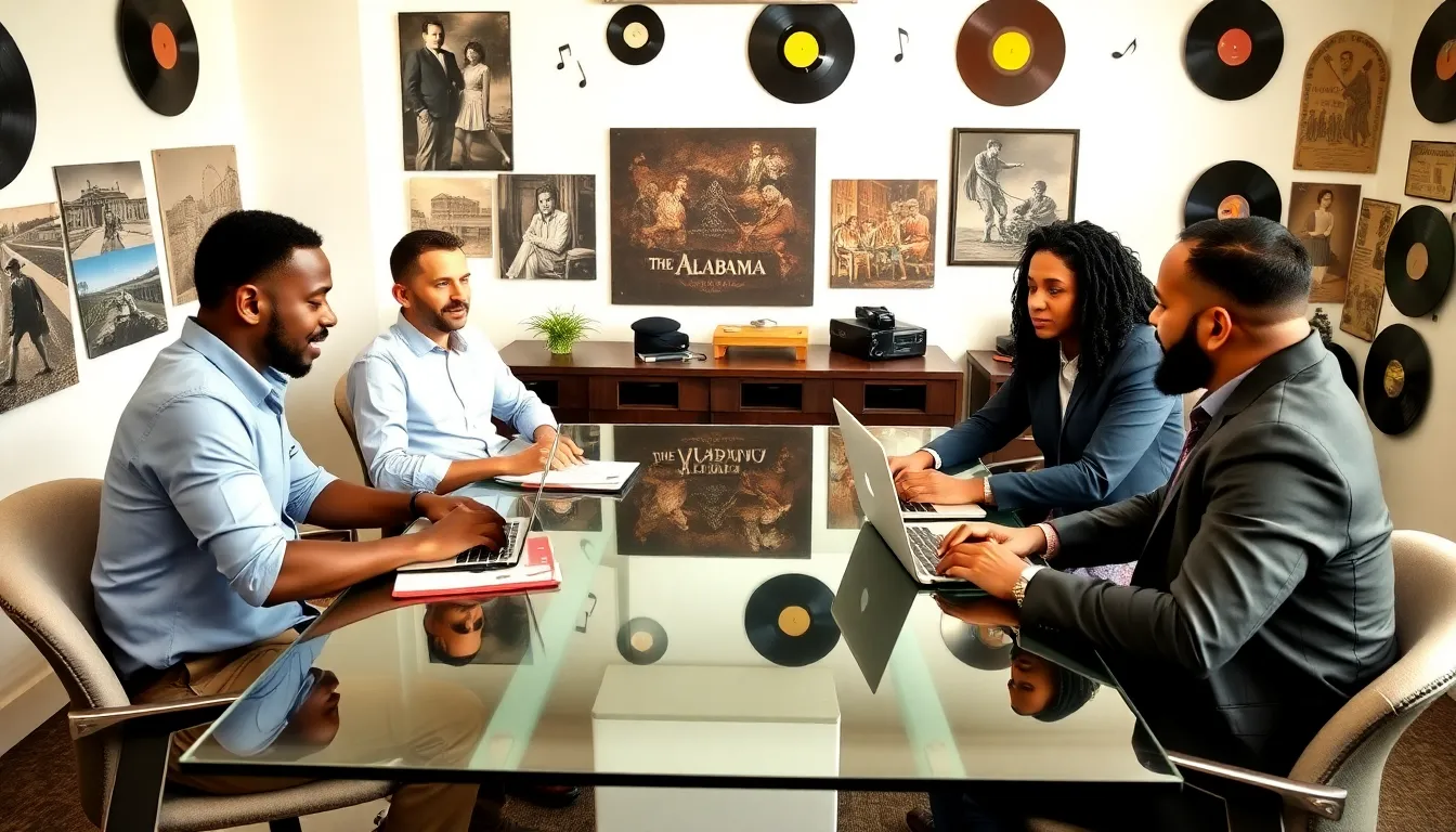 diverse group discussing Southern cultural history in a modern office.
