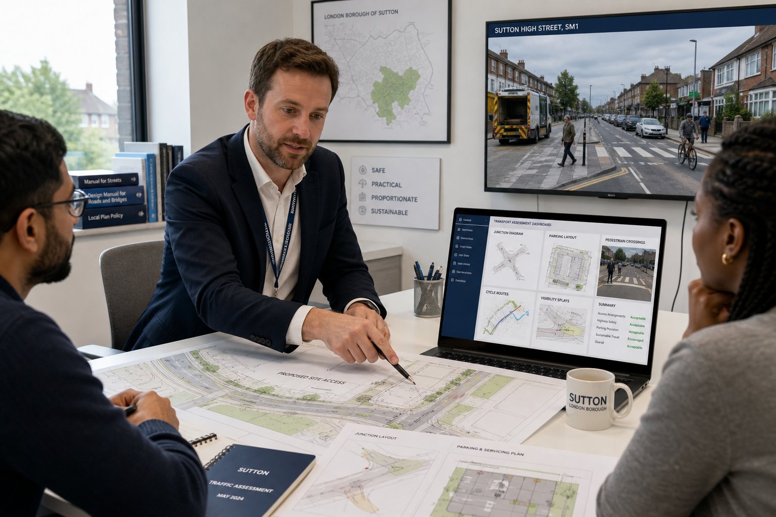 Traffic engineer reviewing access and road safety plans in a modern office.