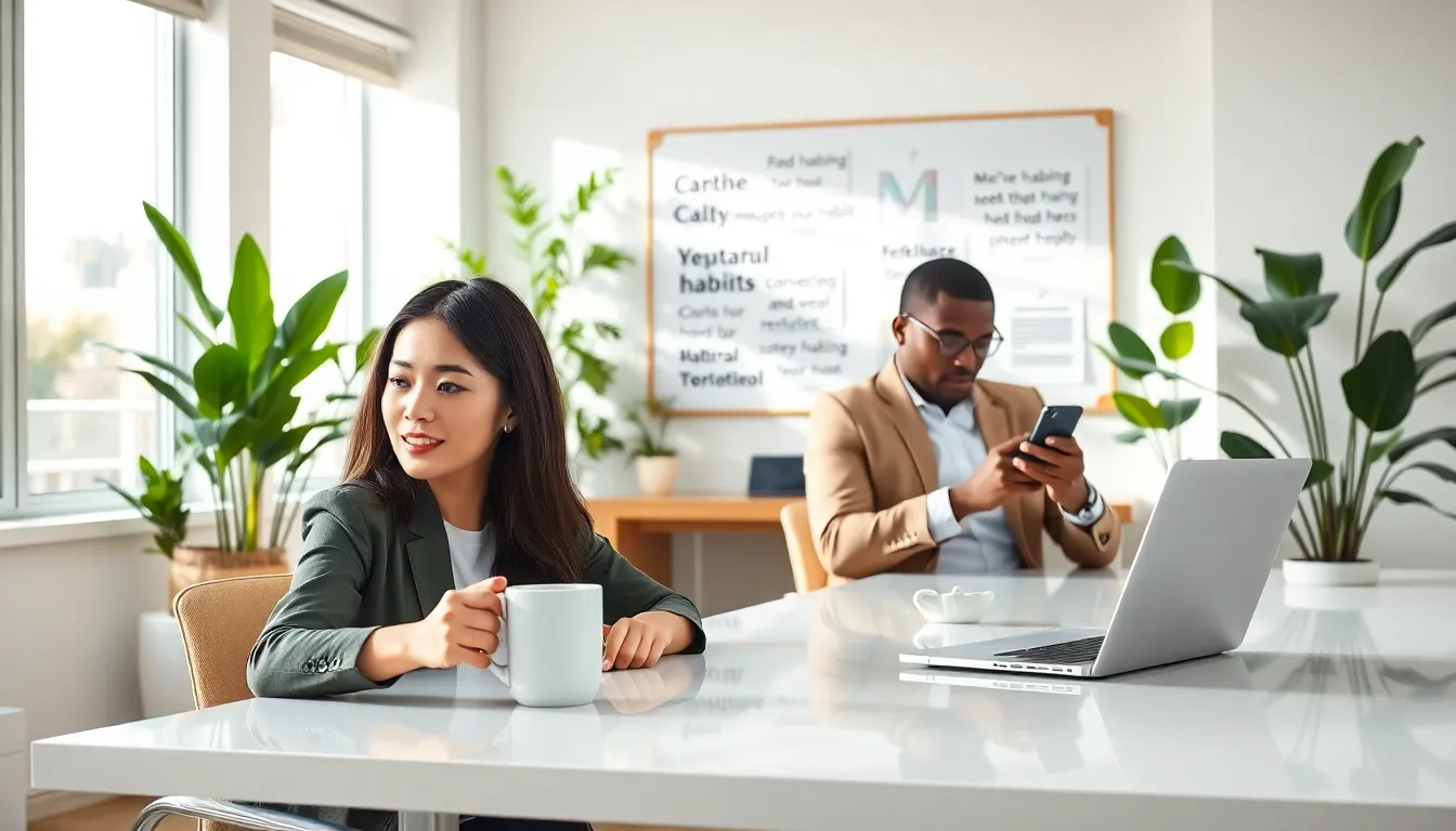 professionals engaging in positive daily habits in a modern office.
