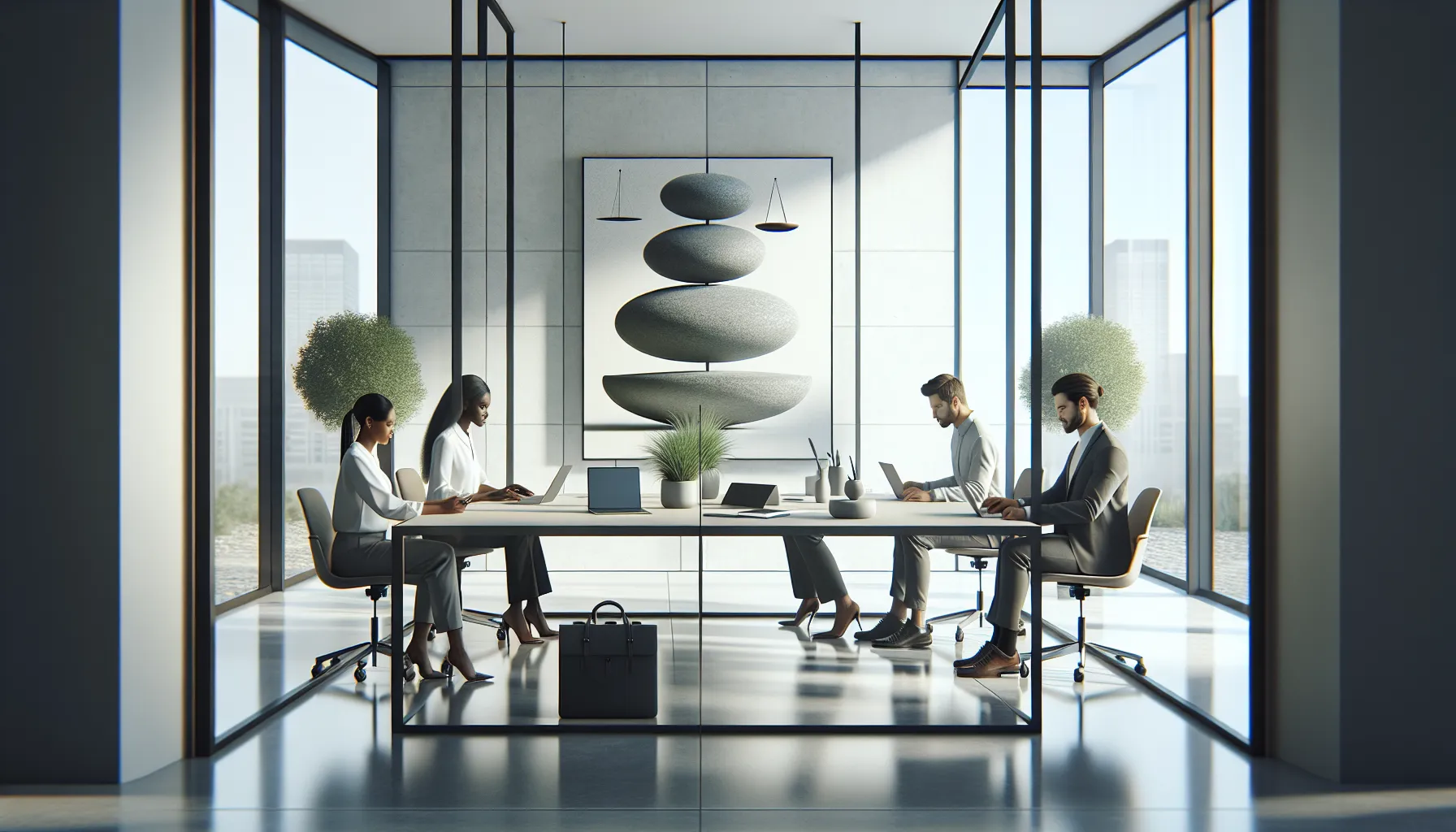 diverse team discussing concepts in a serene modern workspace.