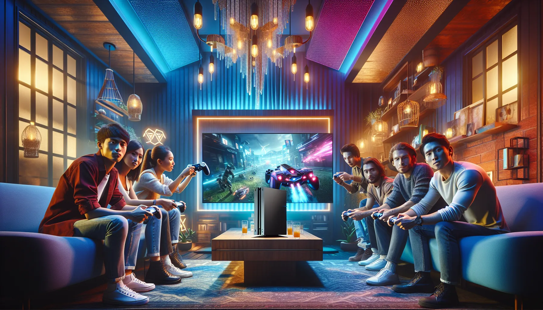 diverse group enjoying PS5 gaming in a modern living room.