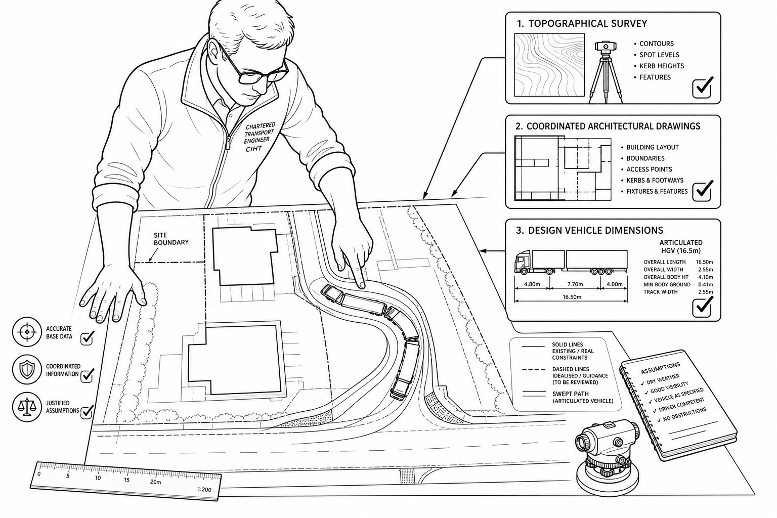 Engineer reviewing site plan and vehicle turning path inputs.